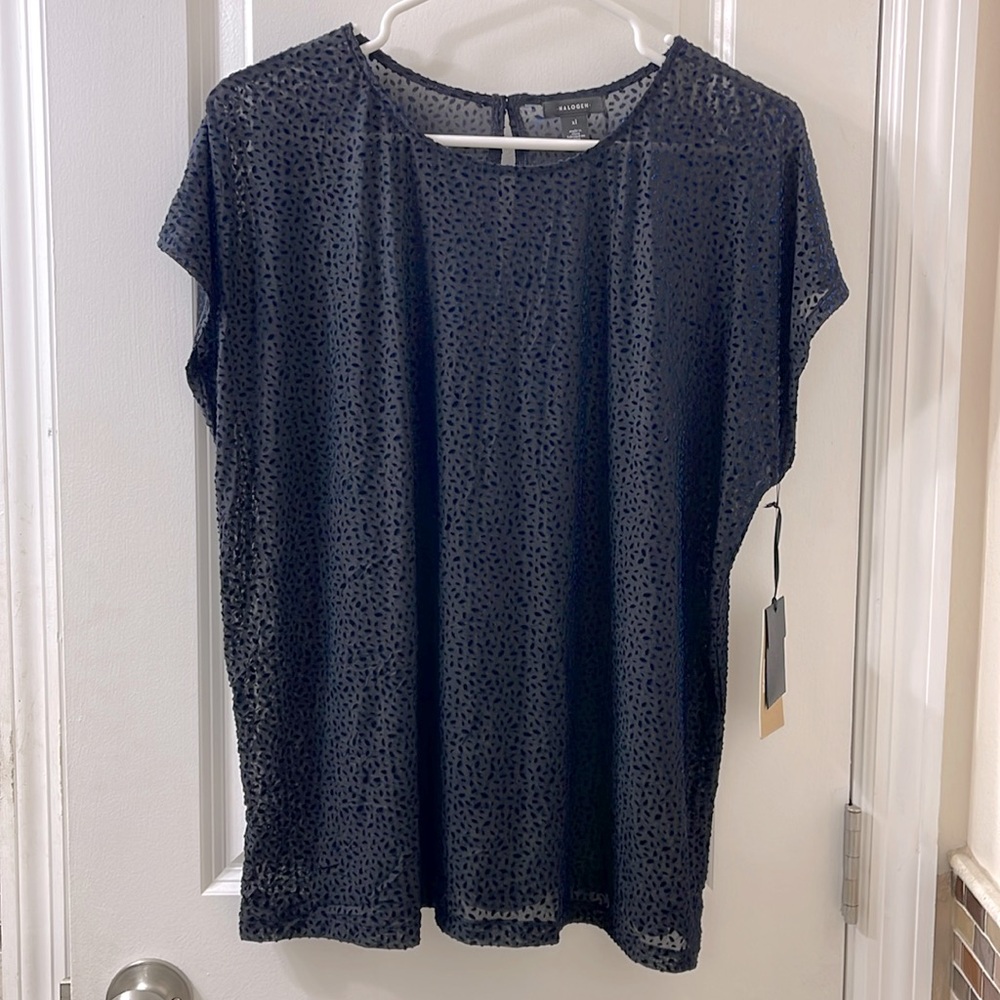 NWT Halogen top. Black mesh with navy velvet. Cap sleeves. Cool shirt. Size XL